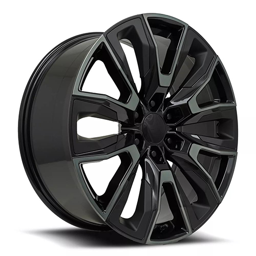 Factory Reproductions FR 207 GM Split 6 Spoke Gloss Black Machines With Dark Tint and Satin Black Inserts - Part Number 207410316518 Factory Reproductions FR 207 GM Split 6 Spoke Gloss Black Machines With Dark Tint and Satin Black Inserts Photo
